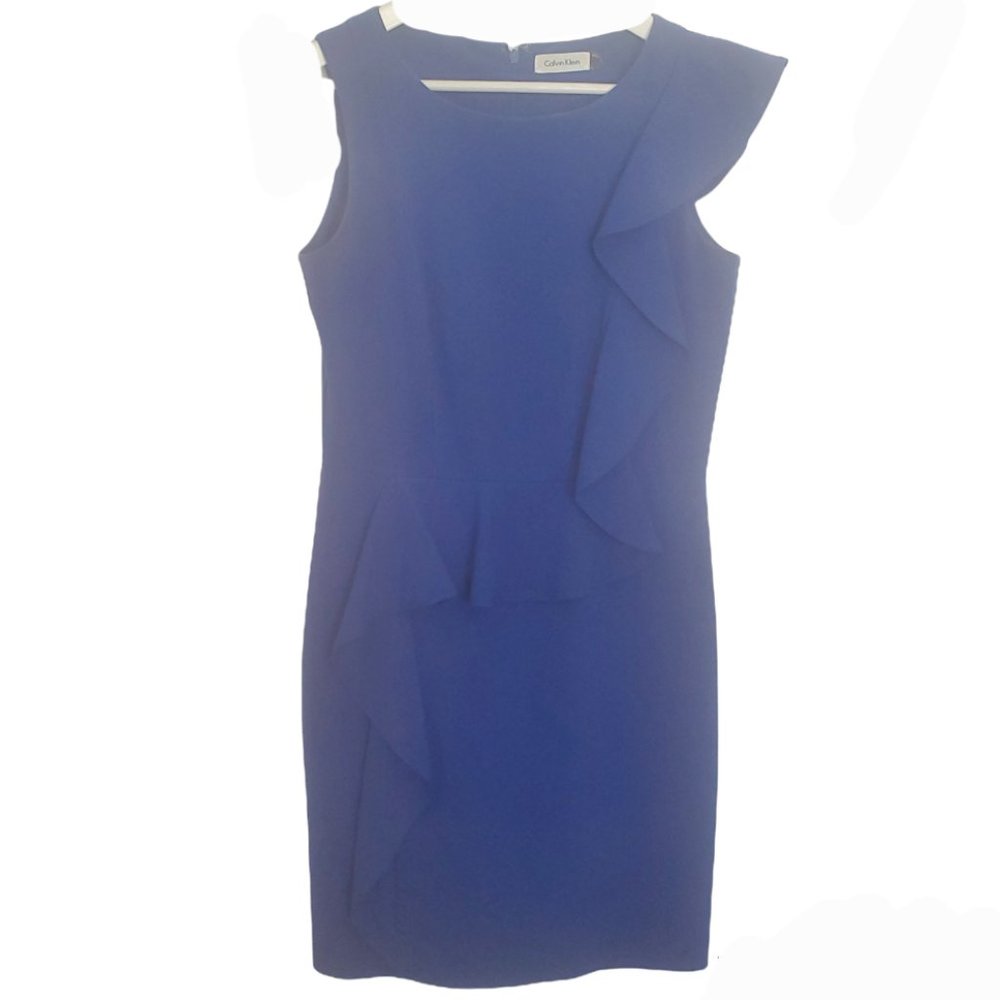 Calvin Klein Royal Blue Sheath Ruffles Midi Dress